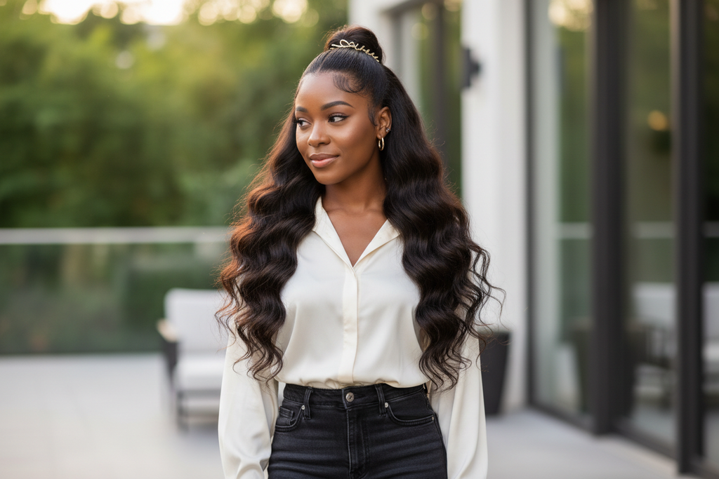 Brazilian body wave bundles in half-up half-down style