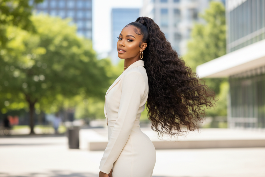 Brazilian body wave bundles styled in a high ponytail