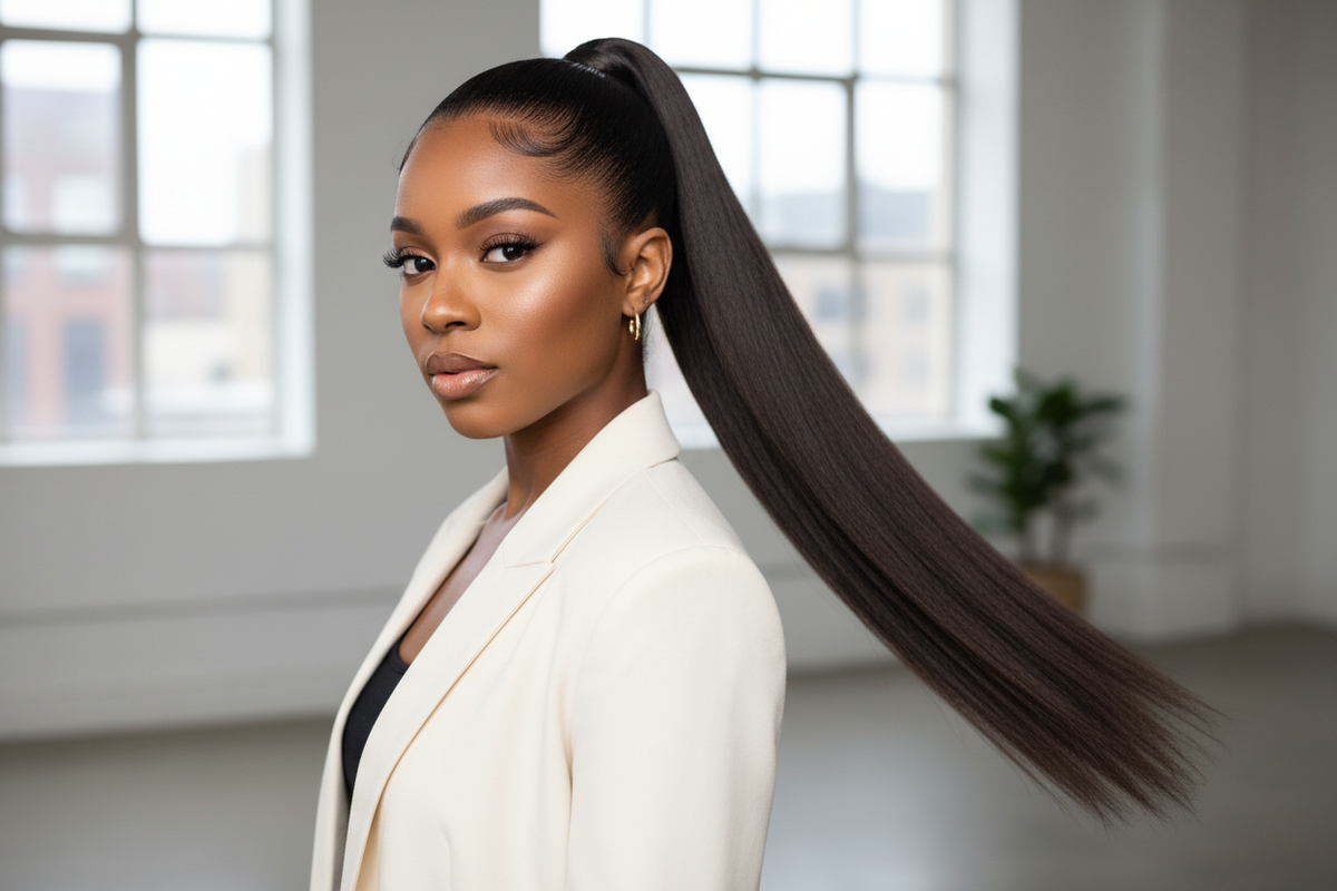 Brazilian silky straight frontal pulled back in sleek high ponytail