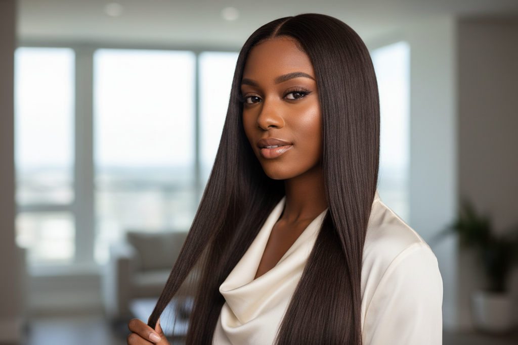 Woman wearing Vietnamese straight bundles styled down with sleek, flowing hair