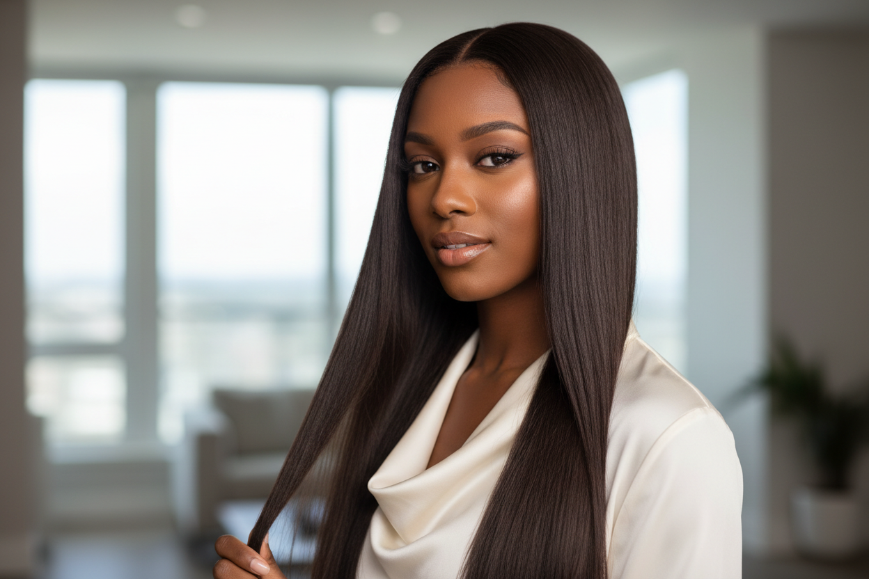 Woman wearing Vietnamese straight bundles styled down with sleek, flowing hair