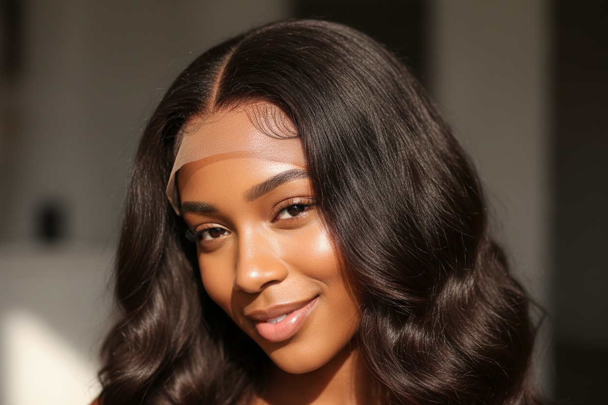 Brazilian loose wave transparent closure with natural middle part showing seamless lace blend