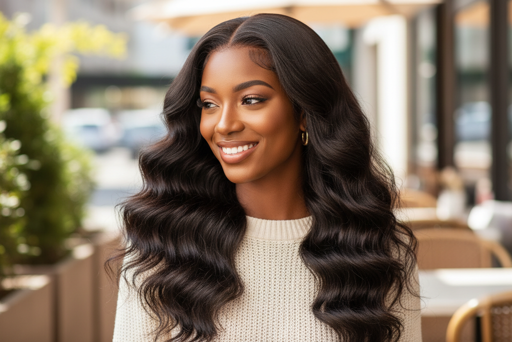 Woman wearing Brazilian body wave bundles styled down with flowing waves
