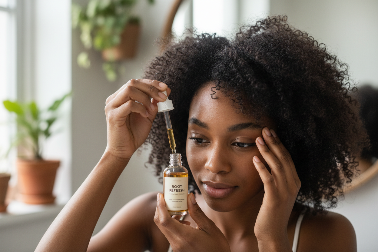 Woman applying New Life Growth Serum to scalp and edges with dropper