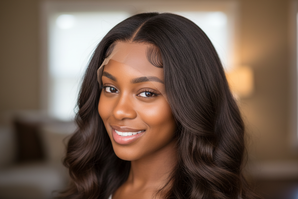 Close-up of Brazilian loose wave frontal showing natural hairline and baby hairs