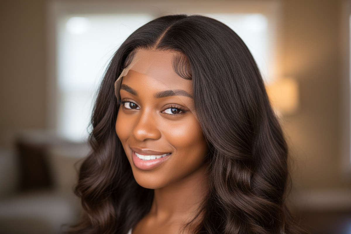 Close-up of Brazilian loose wave frontal showing natural hairline and baby hairs