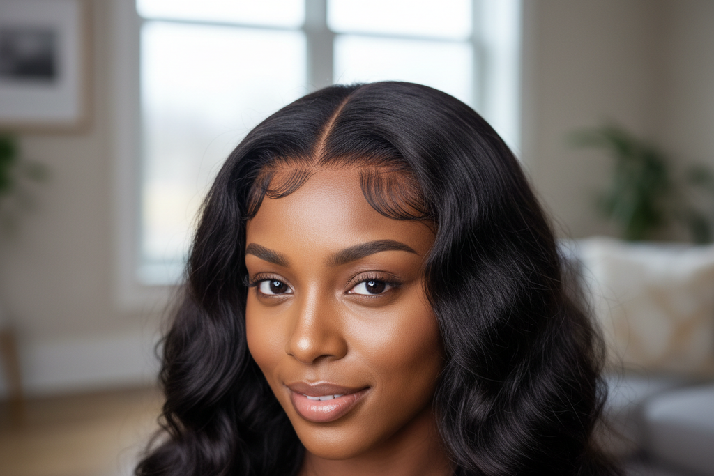 Brazilian body wave 4x4 closure with natural-looking middle part and realistic scalp