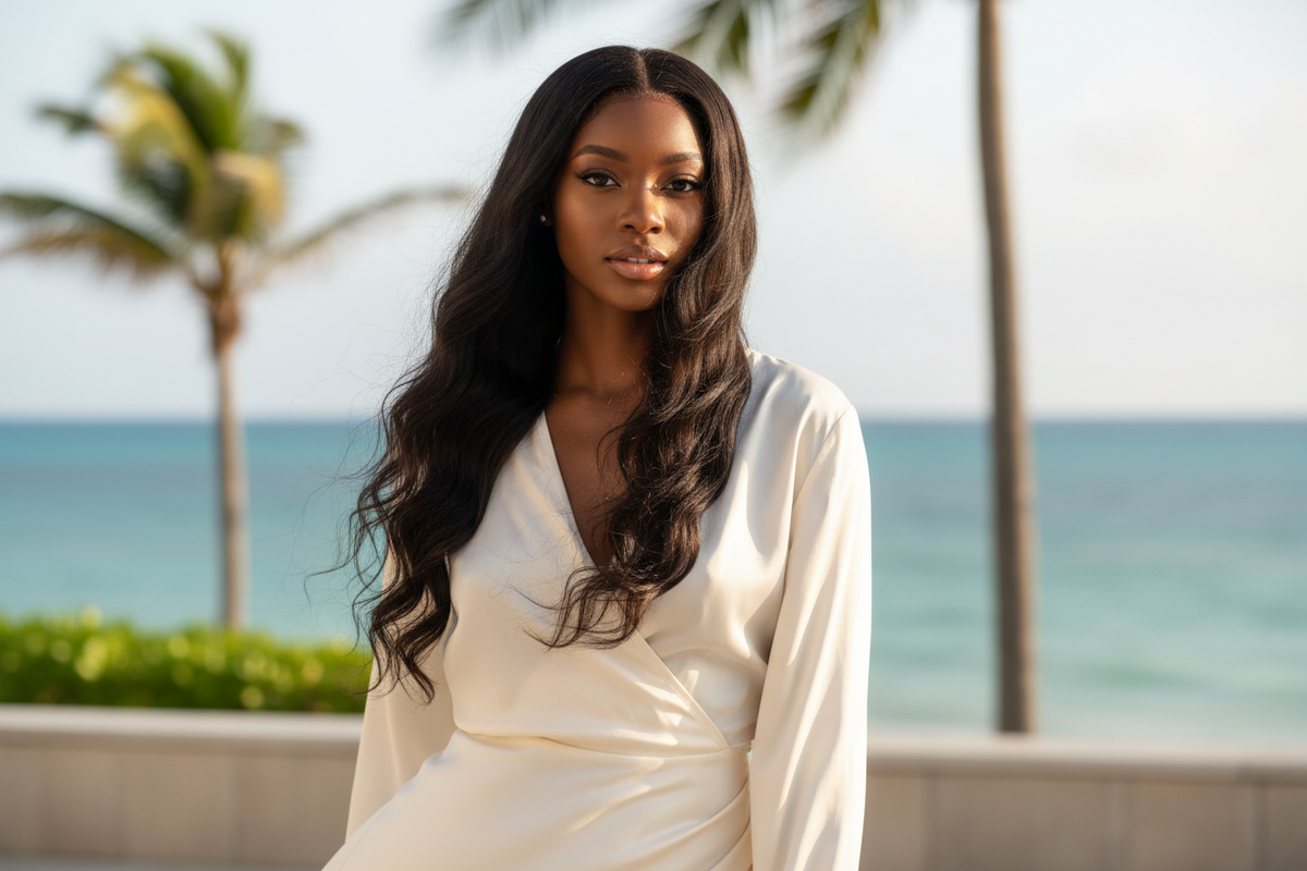 Woman wearing Brazilian loose wave frontal with middle part and flowing waves