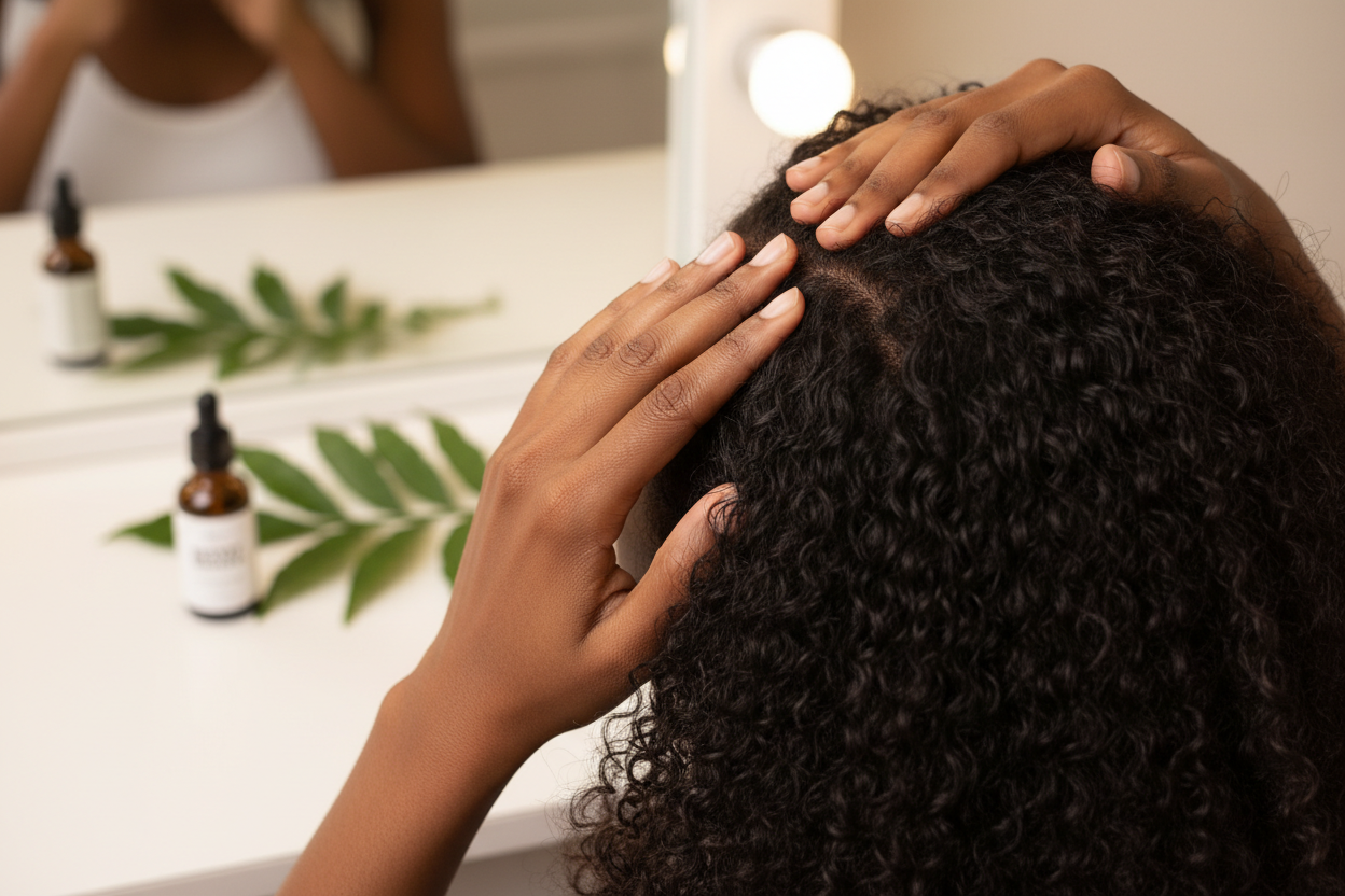 Woman massaging hair growth serum into scalp with fingertips in circular motions