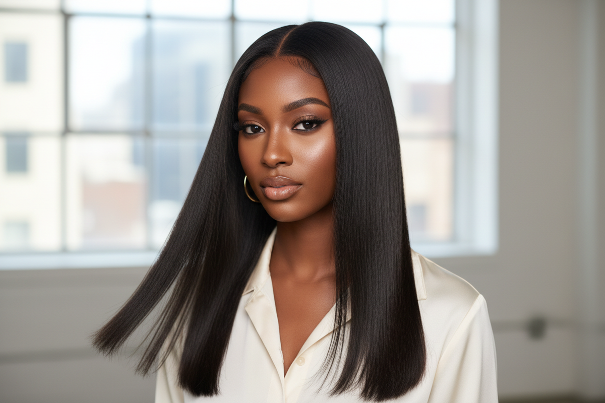 Woman wearing Brazilian silky straight frontal with sleek middle part