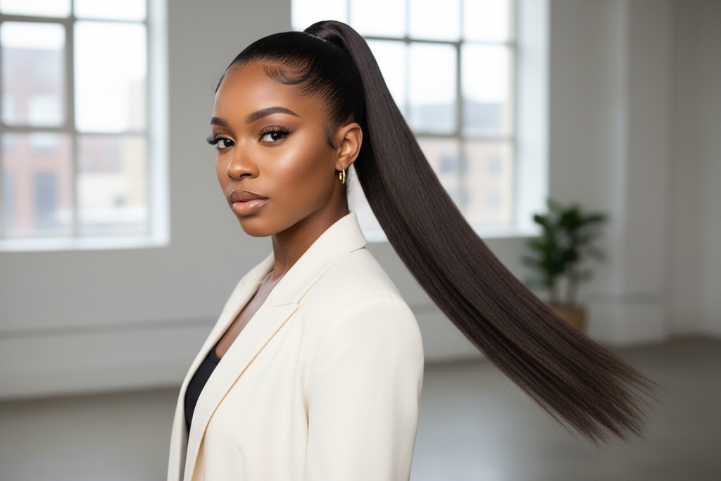 Woman wearing Brazilian silky straight frontal in high ponytail showing natural hairline