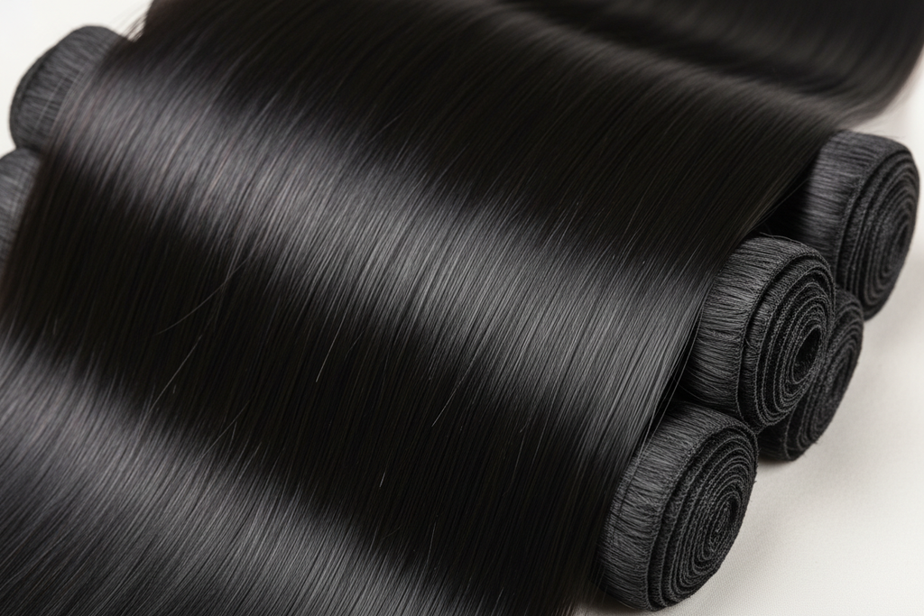 Close-up detail of Vietnamese straight hair bundles showing premium quality and texture