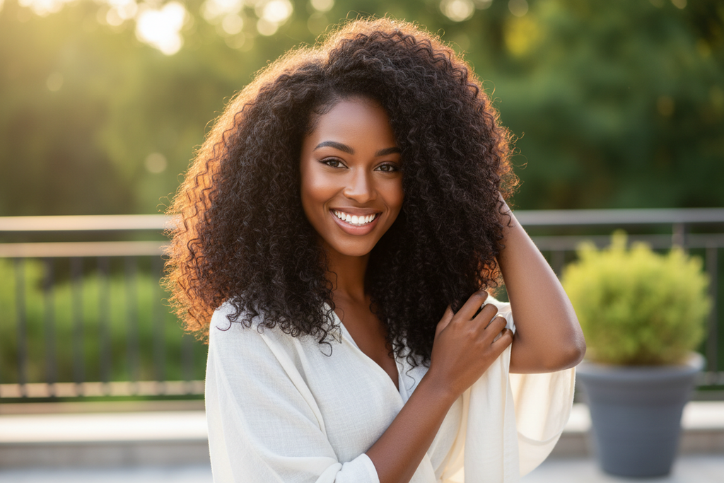 Woman with healthy, thriving hair showing results of using hair growth serum